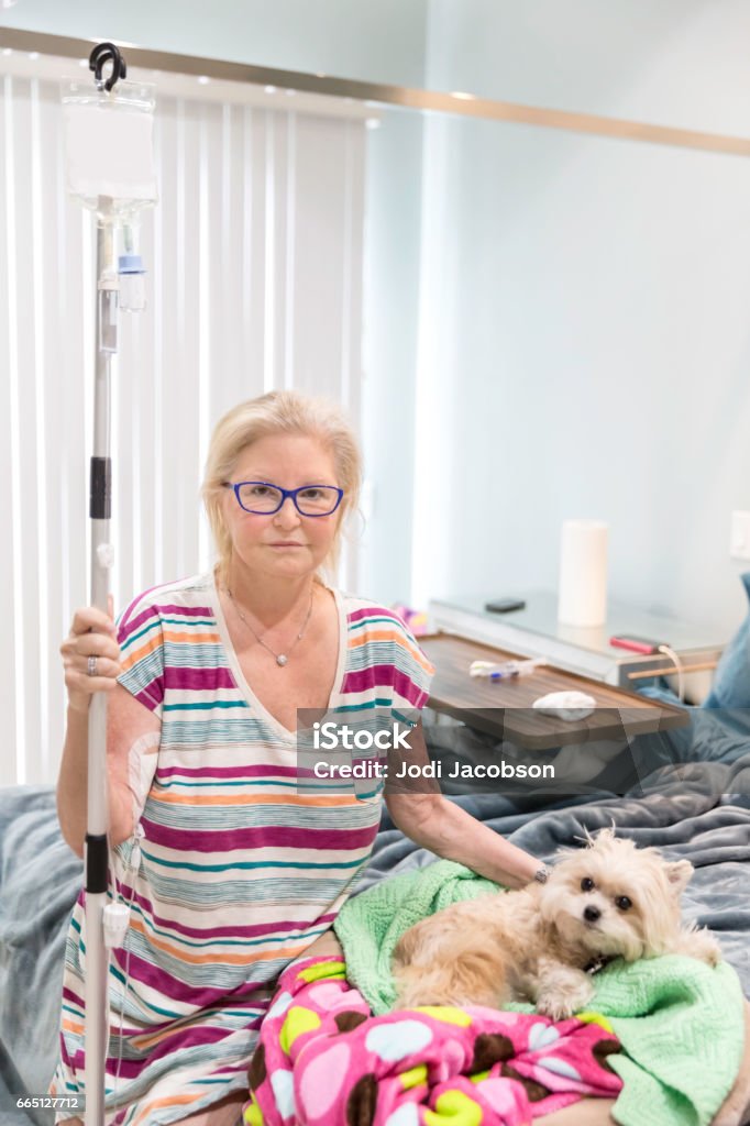 Dog comforts ill homebound female patient A caucasian woman is at home recuperating from an illness. She is sitting on her bed with her pet dog. She is holding an IV pole with antibiotics. Shot with a Canon 5D Mark lll. Home Interior Stock Photo