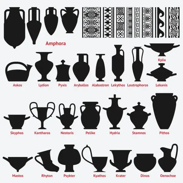 Vector illustration of Set of antique Greek vases and border decoration seamless patterns