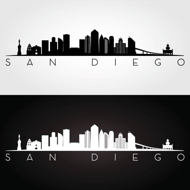 panorama san diego usa i sylwetka zabytków, czarno-biały design, ilustracja wektorowa. - label travel san diego california california stock illustrations