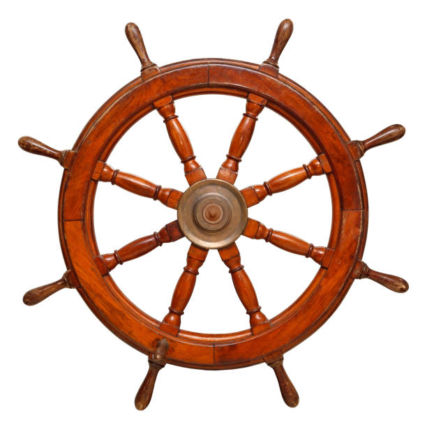 istock Vintage wooden ship steering wheel rudder 665131946