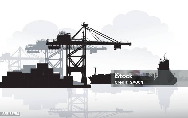 Port Ship Stock Illustration - Download Image Now - Commercial Dock, Crane - Machinery, Cargo Container
