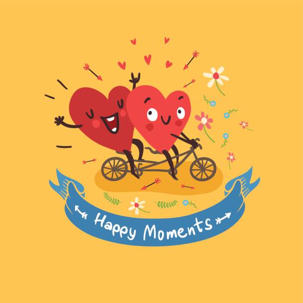 Two happy hearts biking with tandem bike on yellow background with flowers and ribbon with "Happy Moments" text. Vector card for wedding Two happy hearts biking with tandem bike on yellow background with flowers and ribbon with "Happy Moments" text. Vector card for wedding, date or Valentine's day good job emoji stock illustrations