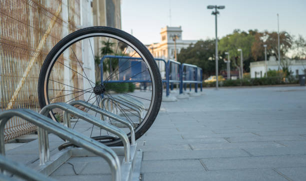 istock a single bicycle wheel on the street due to stealing 665140062