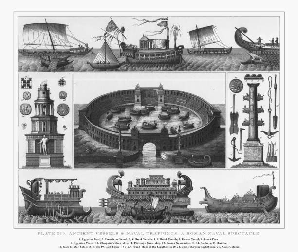 ilustrações de stock, clip art, desenhos animados e ícones de ancient vessels and naval trappings engraving, 1851 - ptolemy