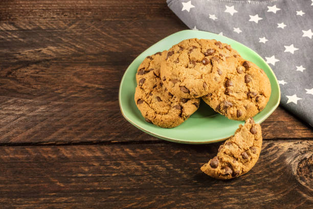istock A teal plate of chocolate chips cookies with copyspace 665143564