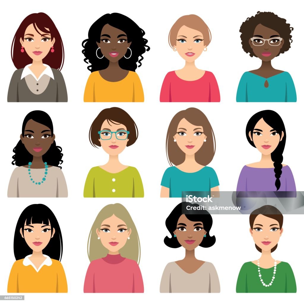 Faces of different nation women Set of faces of different nation, hair and skin color women isolated on a white background. Women stock vector