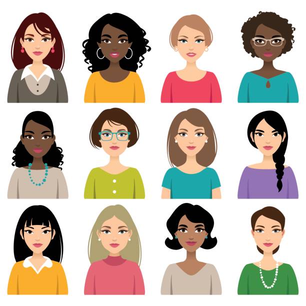 Faces of different nation women Set of faces of different nation, hair and skin color women isolated on a white background. blond hair illustrations stock illustrations