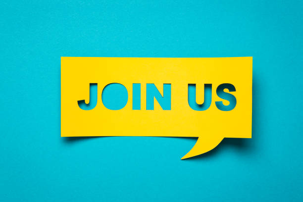 Banner with the phrase cut. Bubble speech with cut out phrase "join us" in the paper. education registration event stock pictures, royalty-free photos & images