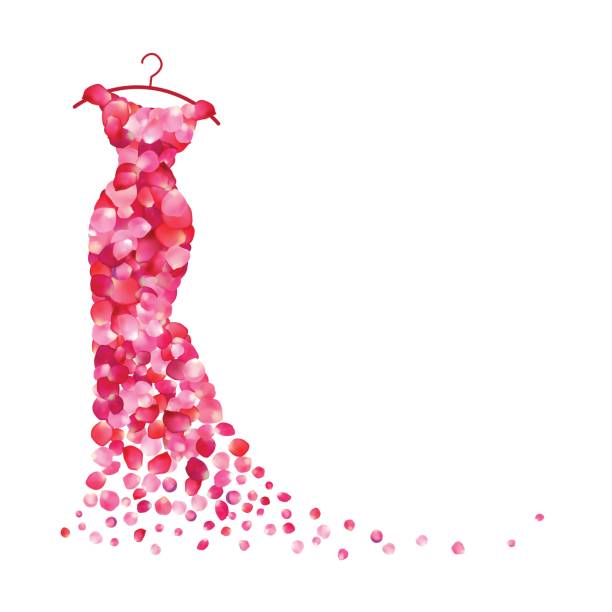 ilustrações, clipart, desenhos animados e ícones de fundo branco com vestido de pétalas de rosa - fashion model pink beauty fashion