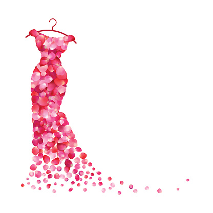 White background with dress of pink rose petals