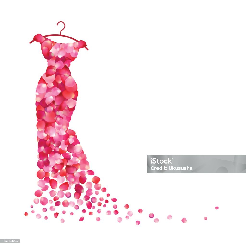 White background with dress of pink petals White background with dress of pink rose petals Dress stock vector