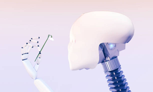 istock 3D illustration of unisex robot holding snowdrop flower 665159268