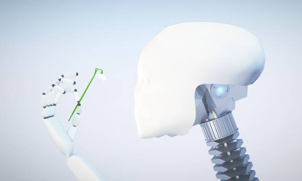 istock 3D illustration of unisex robot holding snowdrop flower 665159276