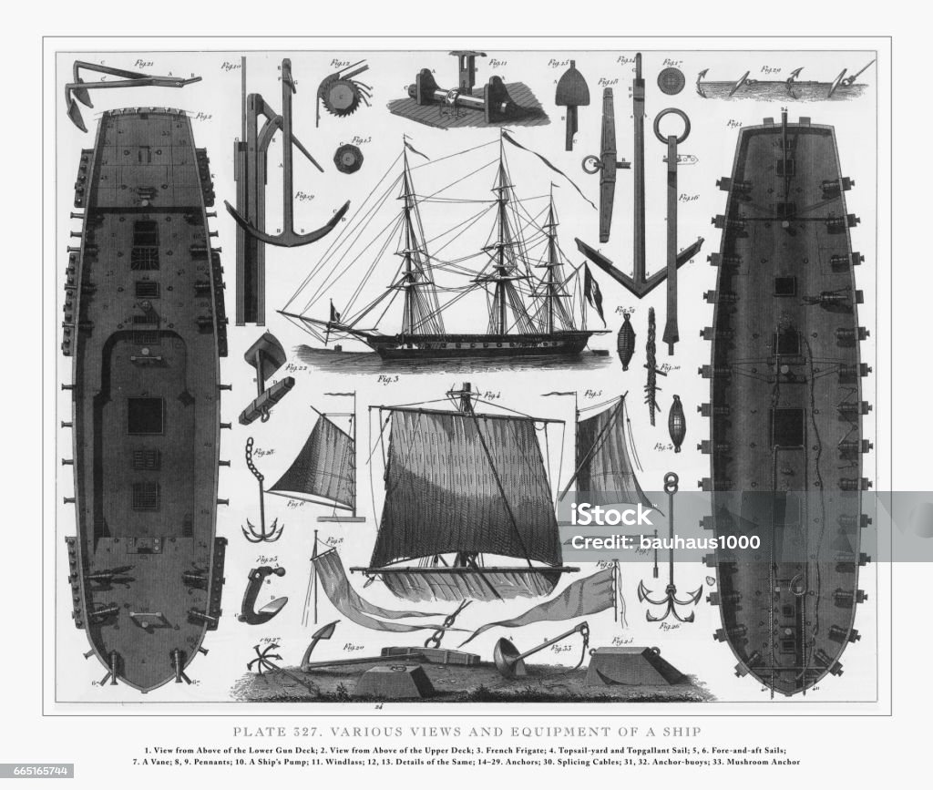 Various Views and Equipment of a Ship Engraving, 1851 Engraved illustrations of Illustrating the Various Views and Equipment of a Ship Engraving, 1851. Source: Original edition from my own archives. Copyright has expired on this artwork. Digitally restored. Archival stock illustration