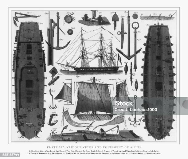 Various Views And Equipment Of A Ship Engraving 1851 Stock Illustration - Download Image Now