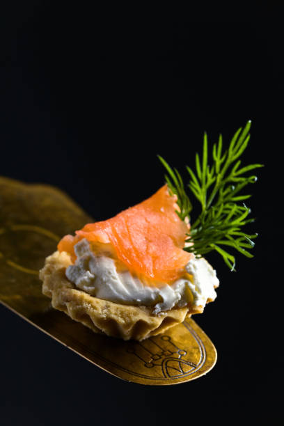 canapés con salmón ahumado, queso crema y eneldo - appetizer salmon smoked salmon cracker fotografías e imágenes de stock