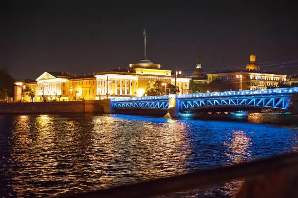 Night view of bridge in Saint-Petersburg city, Russian Federation