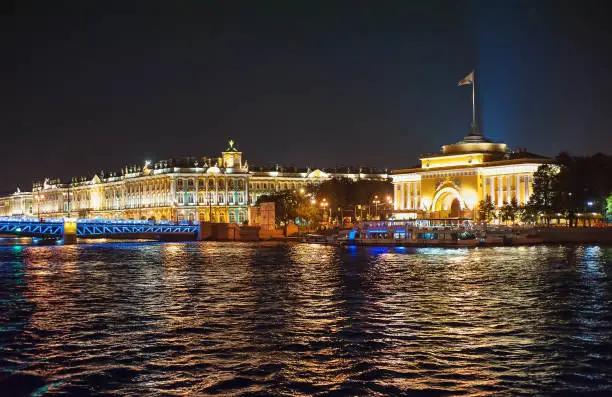 Night view from the boat on river of Saint-Petersburg city, Russian Federation