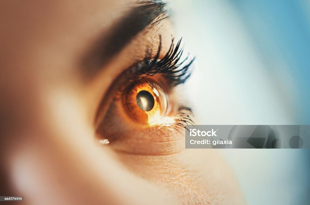 Eyesight exam. Macro shot of mid 20's brown eyed woman having her eyes examined at optometrists office. Her head is placed into tomography machine and light beam is shining through her retina and lens. Eye Stock Photo