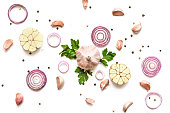 garlic, red onion, parsley and pepper isolated on white background
