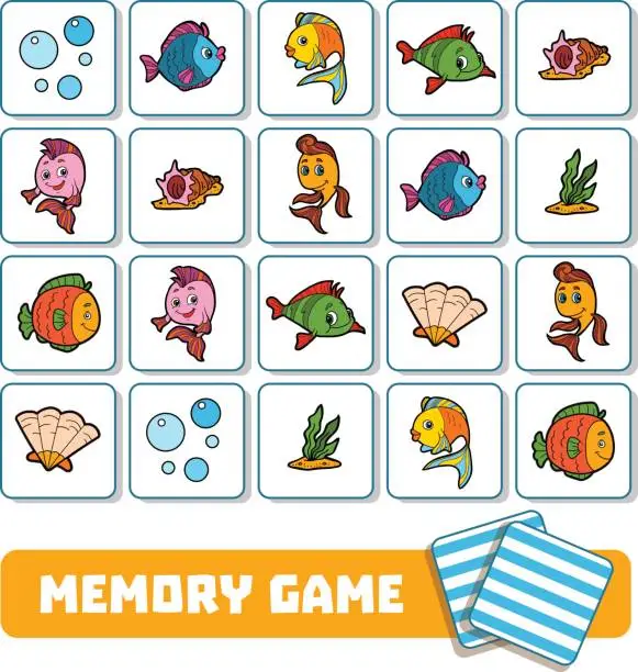 Vector illustration of Memory game for children, cards about sea world