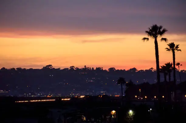 Beautiful sunset with silhouettes of palm trees and San Diego California coast in Coronado island
