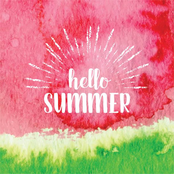 ilustrações de stock, clip art, desenhos animados e ícones de hello summer greeting card, poster, print. vector  typographical background with hand drawn watercolor watermelon abstract paint texture. - watermelon melon fruit juice