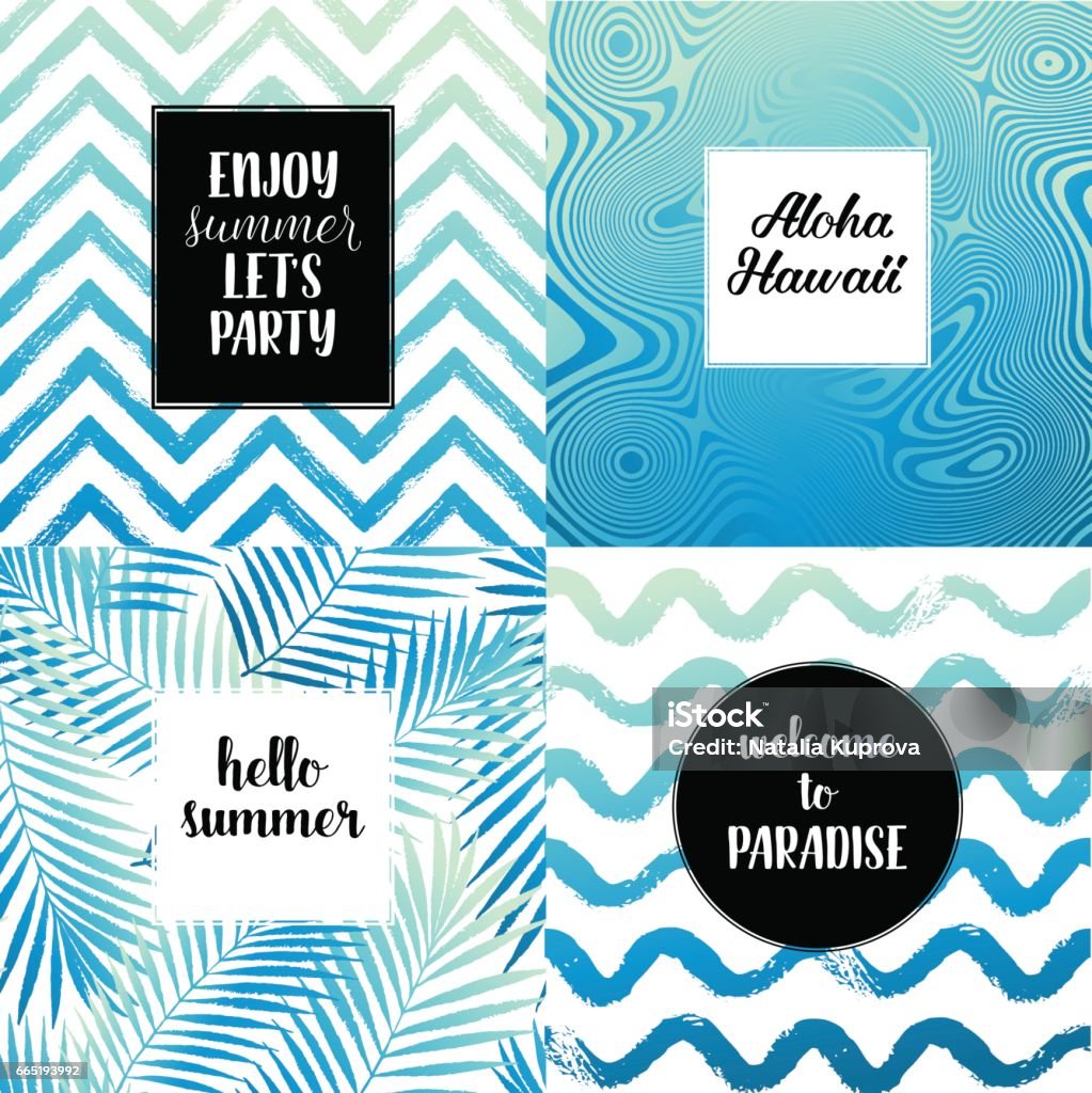 Hello summer, Enjoy summer let's party, Aloha Hawaii fashion typography posters, greeting cards set in black, gold and white. Vector summer background with tropical palm tree leaves, strips. Summer stock vector