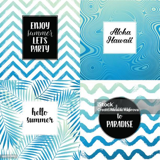 Hello Summer Enjoy Summer Lets Party Aloha Hawaii Fashion Typography Posters Greeting Cards Set In Black Gold And White Vector Summer Background With Tropical Palm Tree Leaves Strips Stock Illustration - Download Image Now