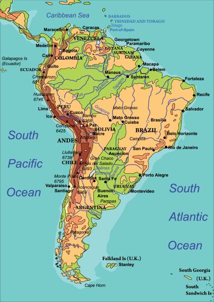 South America Map, vector Map of South America. The names of countries, cities and rivers are on the isolated layer. Vector illustration andes stock illustrations