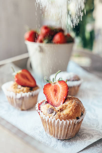Cupcake with fresh strawberry powder with shugar