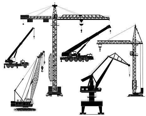 Building construction cranes silhouettes set, isolated on white. Vector illustration. Icon. Flat style.