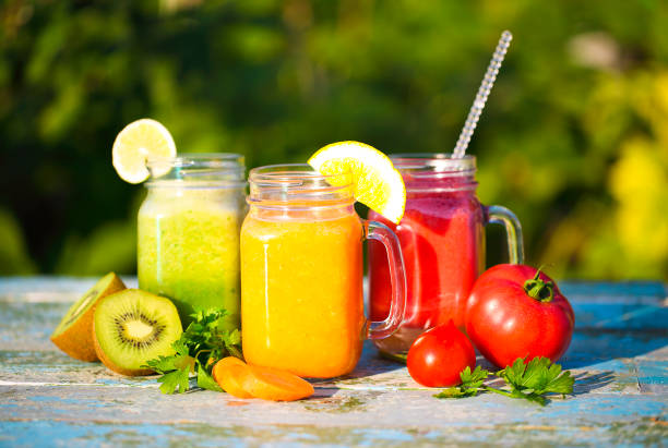 istock Three glasses of vegetable and fruit juice 665212692