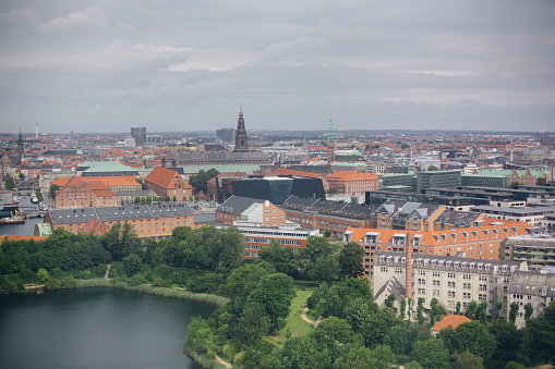 High angle view over Copenhagen towards Sweden