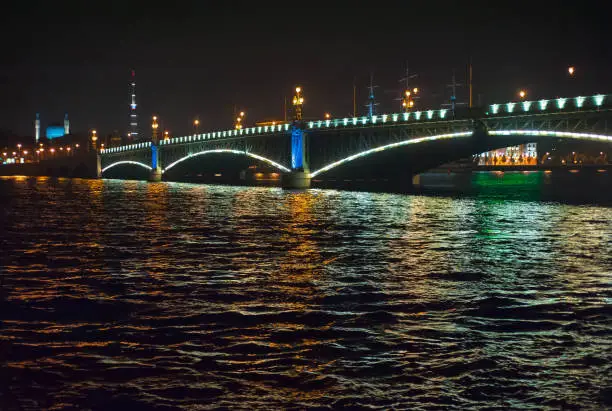 Night view of bridge in Saint-Petersburg city, Russian Federation