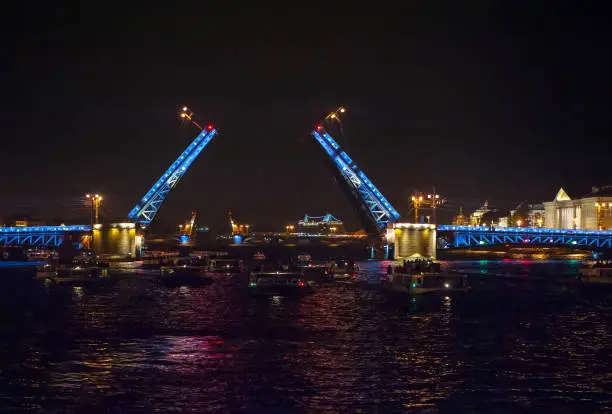 Night view of bridge in Saint-Petersburg city, Russian Federation