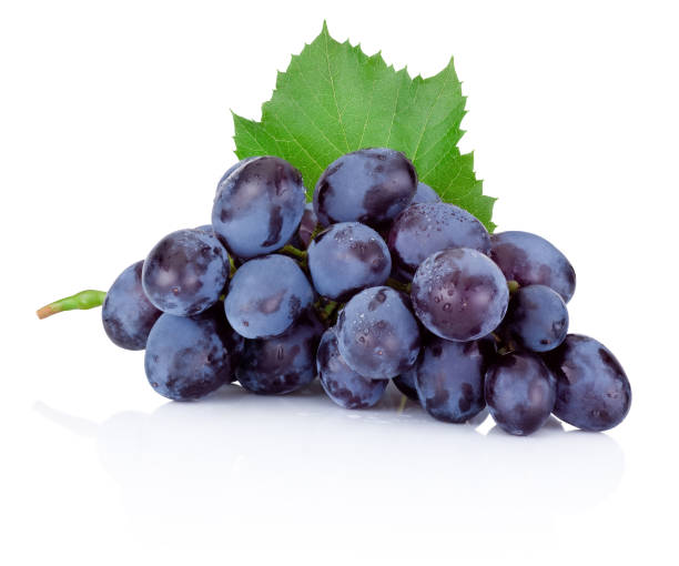 istock Fresh blue grapes with green leaf isolated on white background 665213154