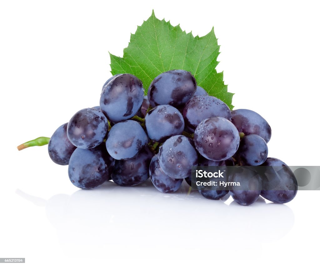 Fresh blue grapes with green leaf isolated on white background Grape Stock Photo