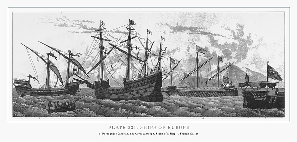 Engraved illustrations of Ships of Europe Engraving, 1851. Source: Original edition from my own archives. Copyright has expired on this artwork. Digitally restored.