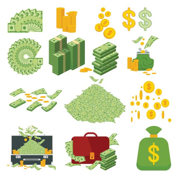 illustrazioni stock, clip art, cartoni animati e icone di tendenza di grande set di soldi - coin currency bag money bag