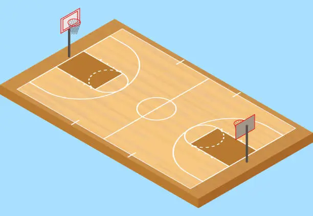 Vector illustration of Isometric basketball court, with floor and basketball hoop