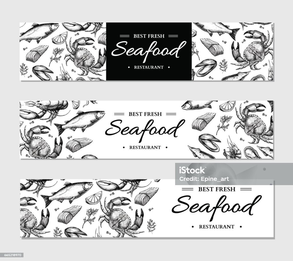 Seafood banner vector template set. Hand drawn illustration. Crab, lobster, shrimp, oyster, mussel, Seafood banner vector template set. Hand drawn illustration. Crab, lobster, shrimp, oyster, mussel, caviar and squid. Engraved style Fish and sea food restaurant menu, card, business promote. Seafood stock vector