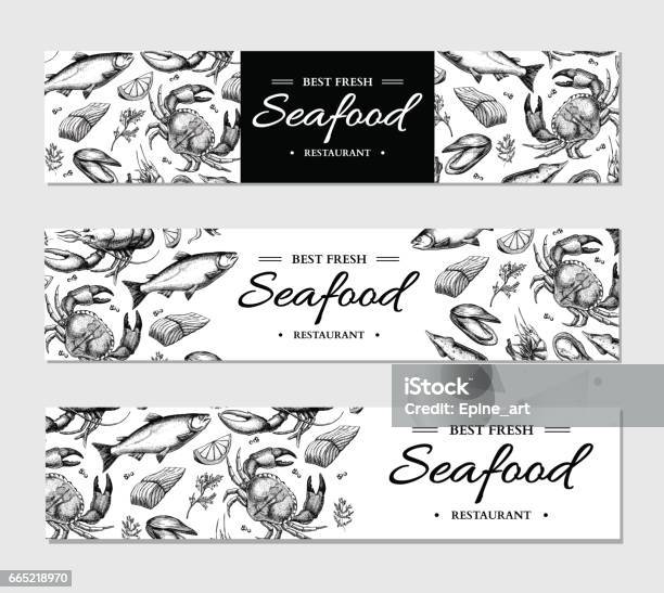 Seafood Banner Vector Template Set Hand Drawn Illustration Crab Lobster Shrimp Oyster Mussel Stock Illustration - Download Image Now