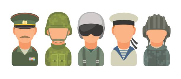 illustrazioni stock, clip art, cartoni animati e icone di tendenza di imposta il carattere icona dei militari russi. soldato, ufficiale, pilota, marine, soldato, marinaio - soldier hat