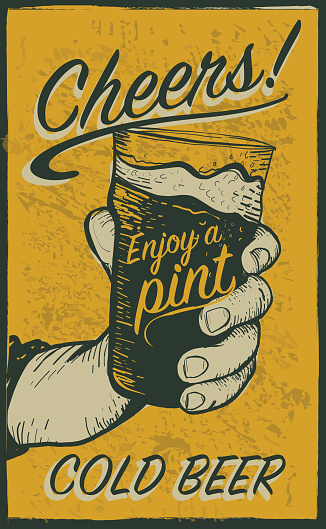 Vintage or retro beer signage or placard design with text reading 'Cheers' Cold beer