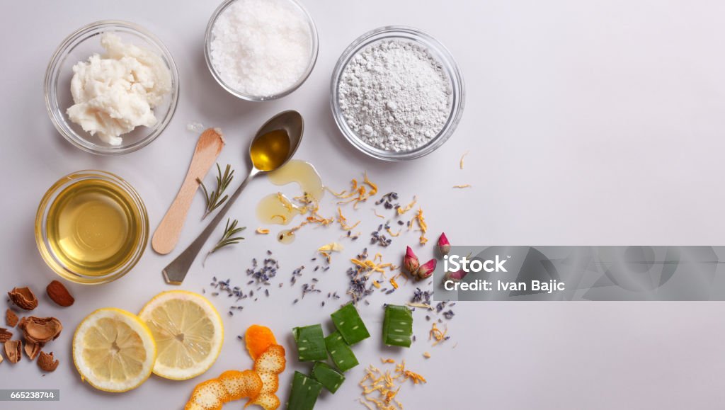 Organic Cosmetic Ingredients Organic and natural cosmetic ingredients with copy space. Nature Stock Photo