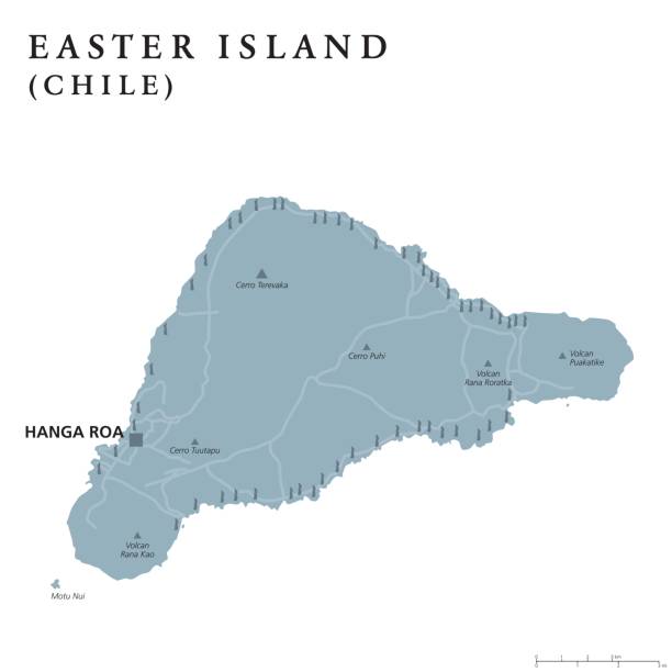 Easter Islands political map Easter Island political map with capital Hanga Roa, streets and monumental Moai statues. Chilean island in southeastern Pacific Ocean. Gray illustration on white background. English labeling. Vector. easter island map stock illustrations