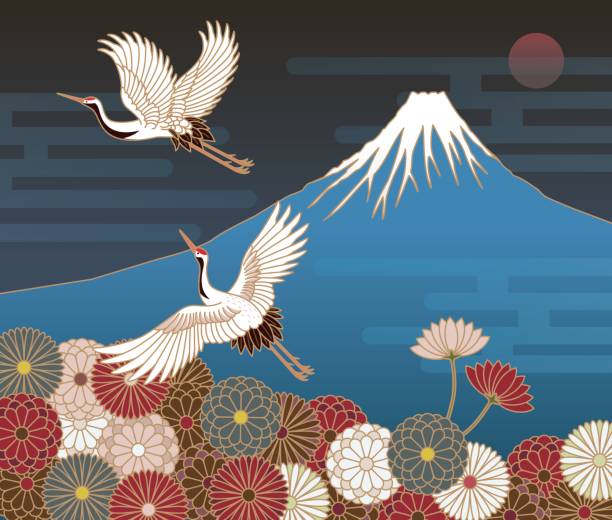 Fuji mountain, Cranes and Chrysanthemum flowers, Japanese traditional pattern Fuji mountain, Cranes and Chrysanthemum flowers, Japanese traditional pattern crane bird stock illustrations