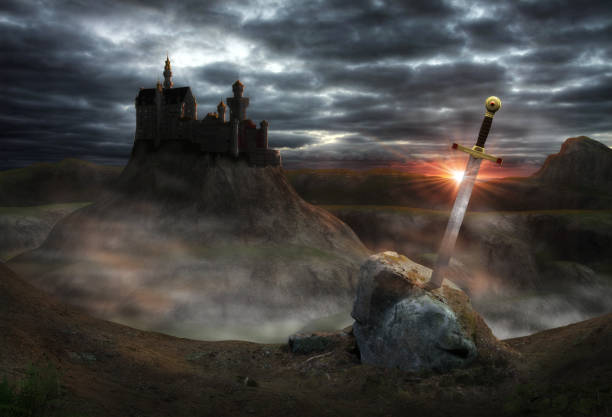 Fantasy Castle Camelot 3D painting of the legendary castle Camelot of King Arthur and the sword Excalibur. arthurian legend stock pictures, royalty-free photos & images