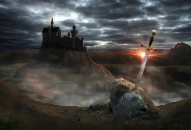 3D painting of the legendary castle Camelot of King Arthur and the sword Excalibur.
